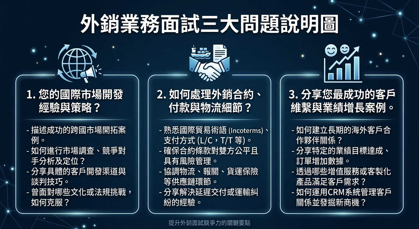 外銷業務團隊養成完整指南 2026:職缺內容、英文要求與職涯轉型 3 外銷業務面試三大問題說明圖,三個方塊並排,各有問題標題與答題重點摘要,設計風格簡潔,深藍背景,白色粗體標題,細字說明