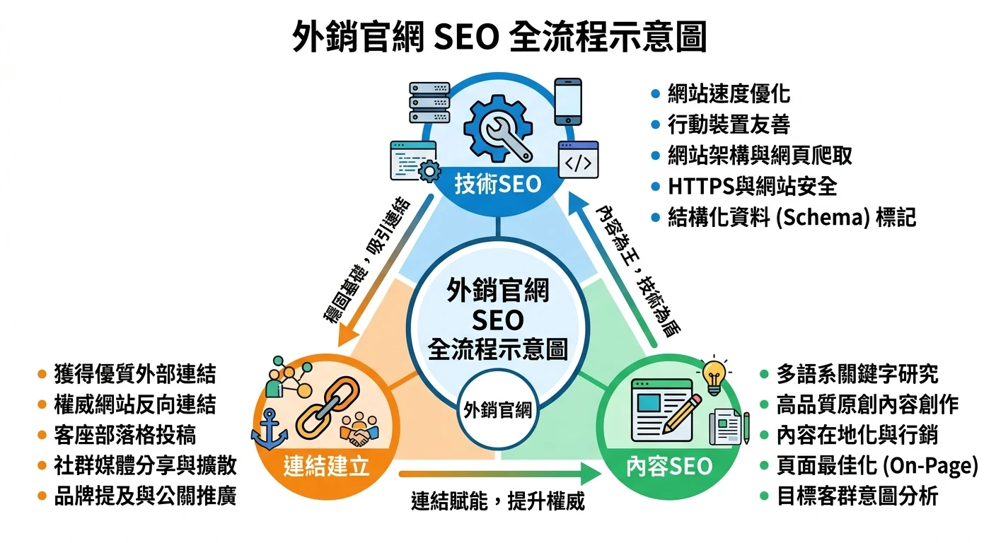 外銷官網 SEO 完整指南 2026:讓海外買主主動找上門 1 外銷官網 SEO 全流程示意圖,展示技術、內容、連結三角關係,中央標示外銷官網,三個頂點分別為技術SEO、內容SEO、連結建立