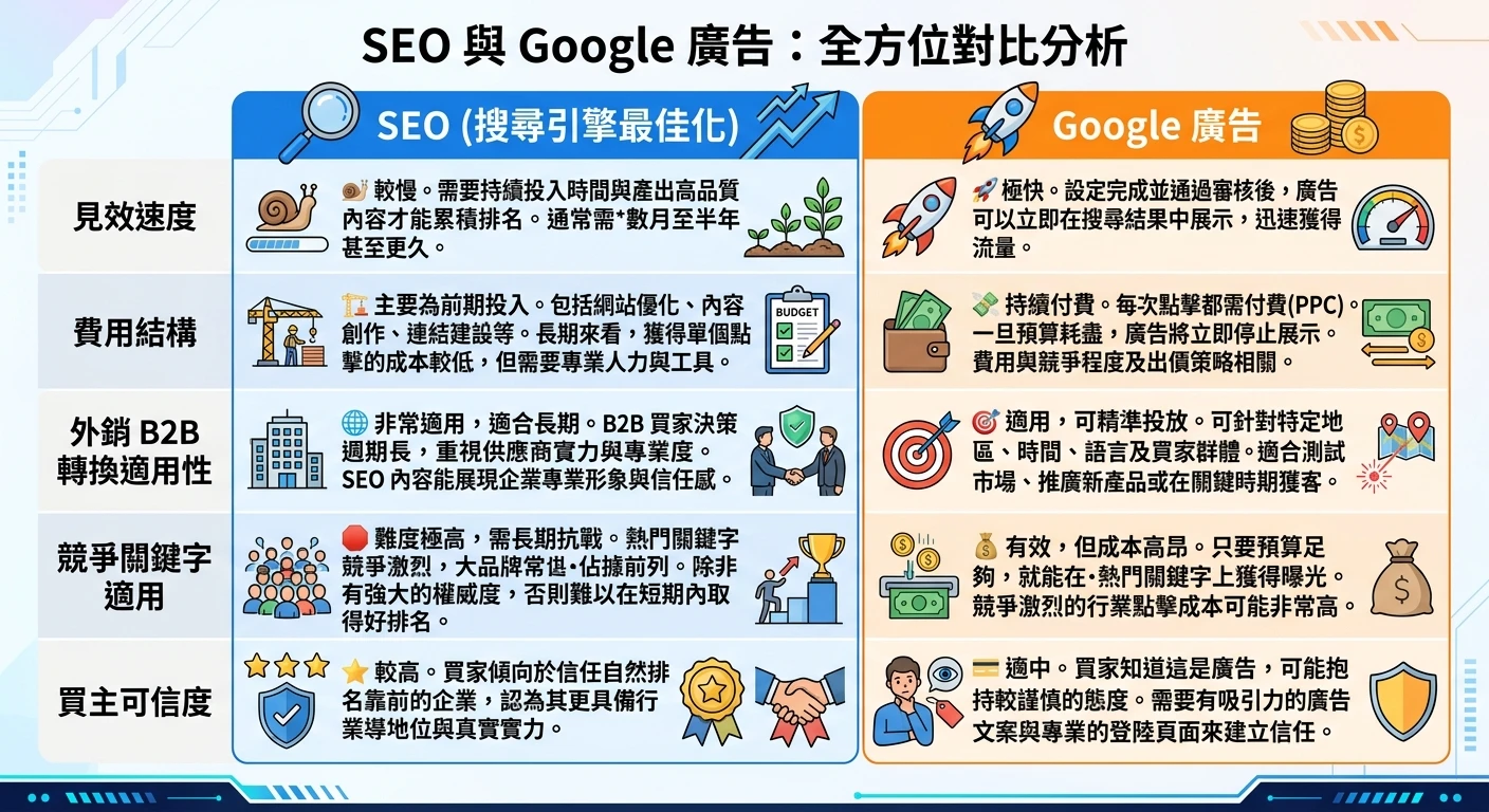 外銷官網 SEO 完整指南 2026:讓海外買主主動找上門 2 SEO與Google廣告對比表格圖,比較見效速度、費用結構、外銷B2B轉換適用性、競爭關鍵字適用、買主可信度五個維度,SEO欄位標藍色,廣告欄位標橘色