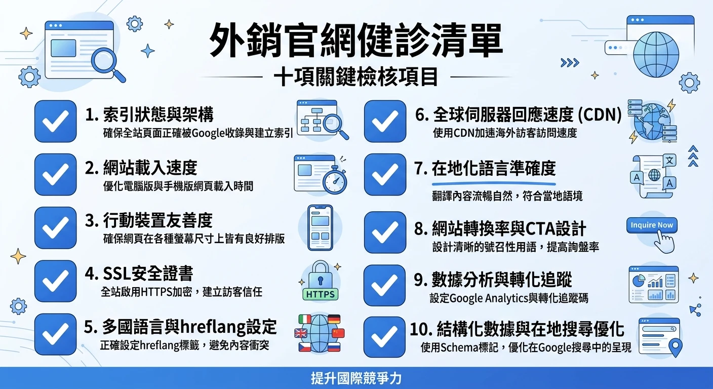 外銷官網 SEO 完整指南 2026:讓海外買主主動找上門 3 外銷官網健診清單圖,包含10項檢核項目,以清單格式呈現,每項旁有勾選方塊,項目包含索引狀態、速度、手機版、SSL、hreflang等