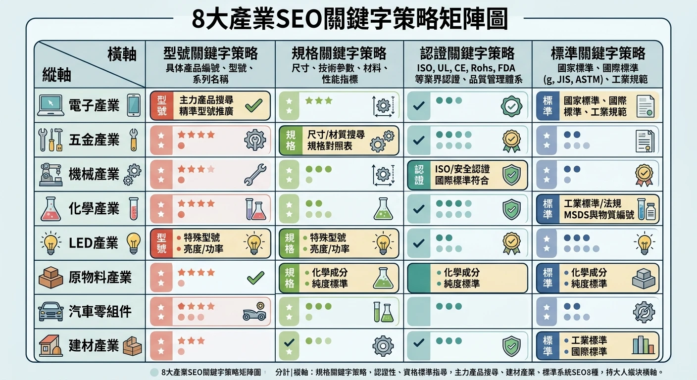 外銷官網 SEO 完整指南 2026:讓海外買主主動找上門 4 8大產業SEO關鍵字策略矩陣圖,橫軸為關鍵字類型(型號/規格/認證/標準),縱軸為產業(電子、五金、機械、化學、LED、原物料等),以格子標示各產業適用的主要關鍵字策略類型