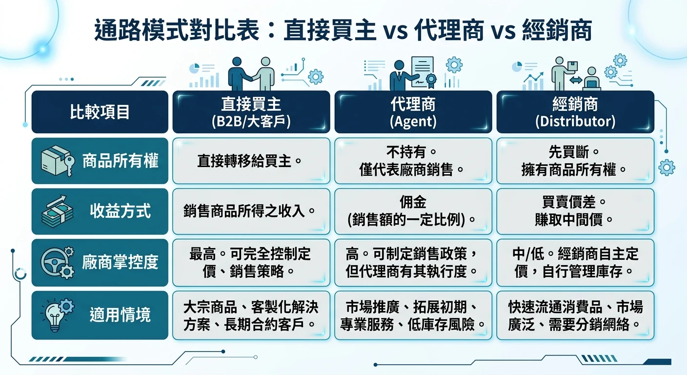 國際代理商篩選與合約攻略 2026:5 大資格條件+獨家授權/MOQ/客戶名單歸屬條款 1 直接買主 vs 代理商 vs 經銷商三種通路對比表,三欄分別標示所有權、收益方式、廠商掌控度、適用情境,簡潔商務配色