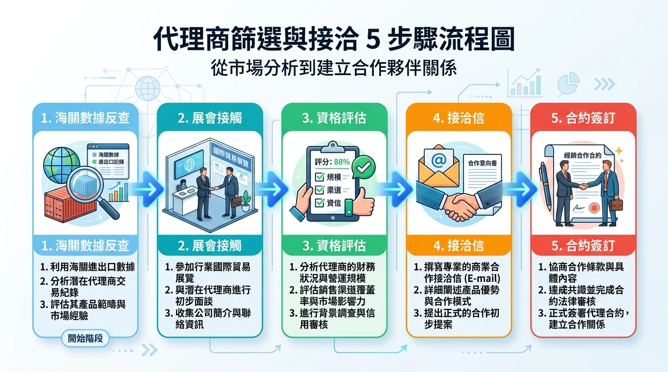 國際代理商篩選與合約攻略 2026:5 大資格條件+獨家授權/MOQ/客戶名單歸屬條款 2 代理商篩選與接洽 5 步驟流程圖,橫向呈現:海關數據反查→展會接觸→資格評估→接洽信→合約簽訂,各步驟配圖示