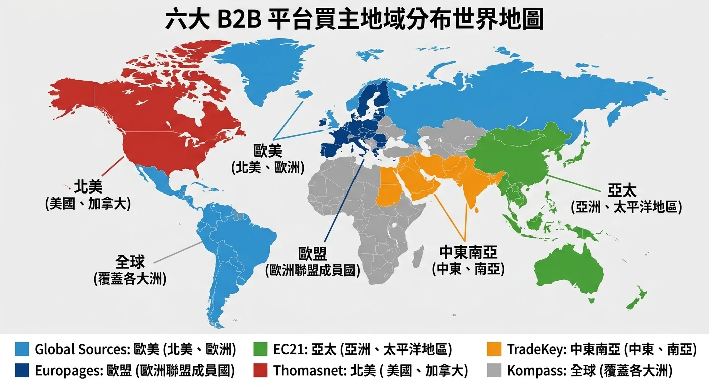 Global Sources、EC21、Europages 等歐美 B2B 平台完整比較 2026|台灣外銷商選平台指南 1 六大 B2B 平台買主地域分布世界地圖:世界地圖上用不同顏色標示各平台主要買主市場——Global Sources=歐美(藍)、EC21=亞太(綠)、TradeKey=中東南亞(橙)、Europages=歐盟(深藍)、Thomasnet=北美(紅)、Kompass=全球(灰),平台名稱以圖例標示