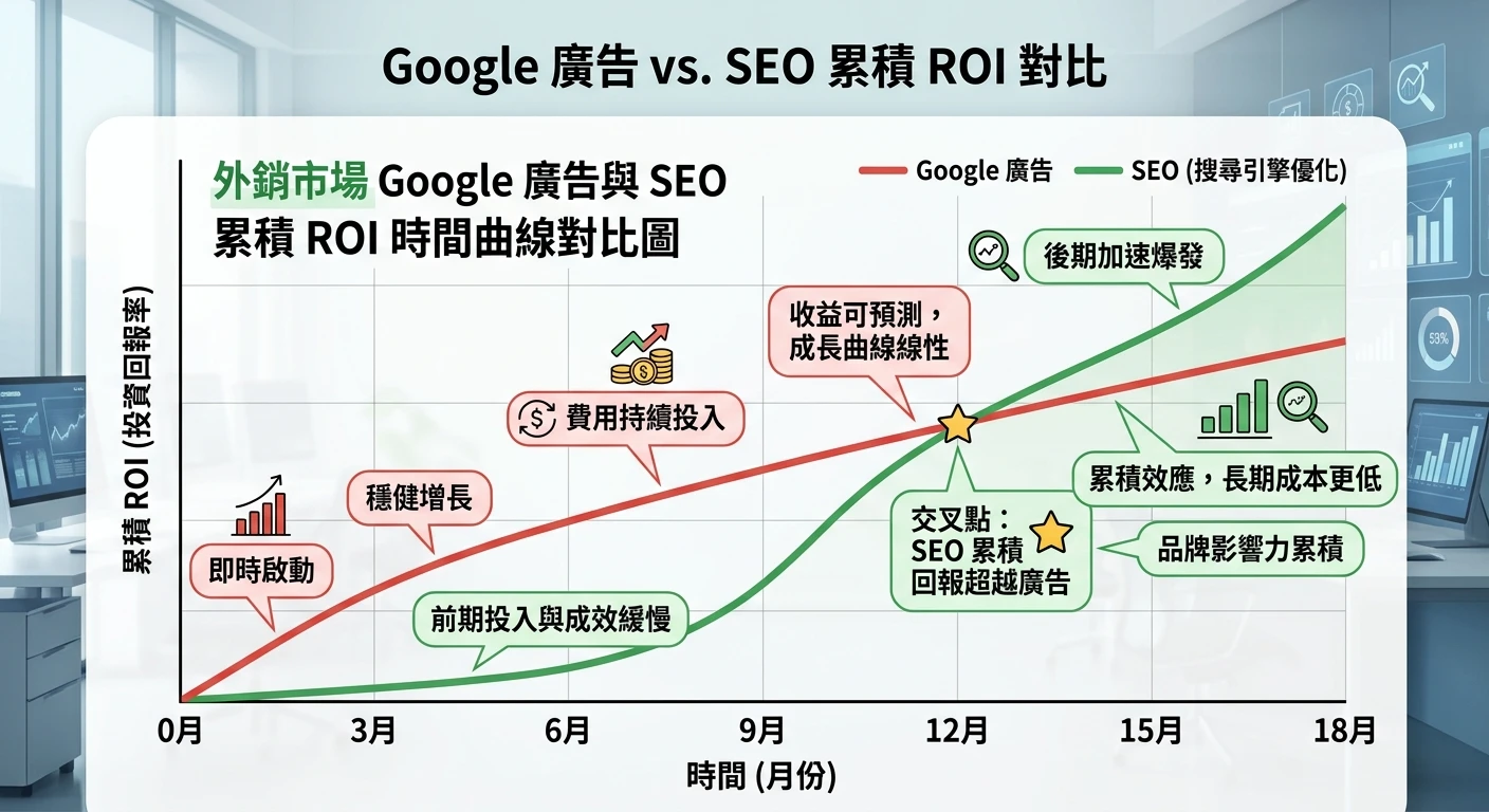Google 廣告 vs SEO 外銷比較 2026:外貿廠商如何選對投資管道 1 Google廣告vs SEO外銷ROI時間曲線對比圖,橫軸為時間(月份),縱軸為累積ROI,廣告曲線即時起跑但費用持續投入,SEO曲線前期慢後期加速並超越廣告