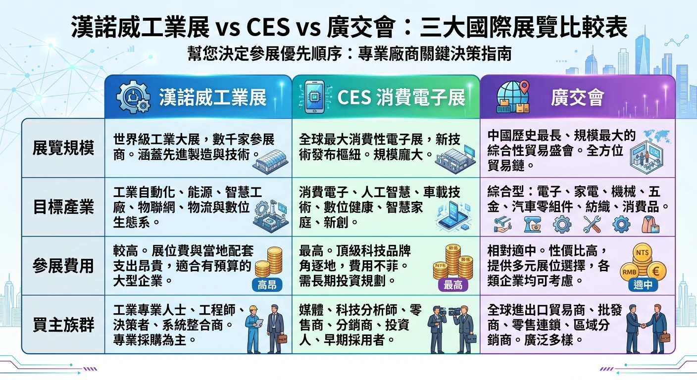 漢諾威工業展 2026 完整指南:德國工業博覽會參展準備與外銷開發策略 1 漢諾威工業展 vs CES vs 廣交會三大展比較表,三欄各代表一個展覽,對比展覽規模、目標產業、費用、買主族群四個面向,幫廠商決定參展優先順序