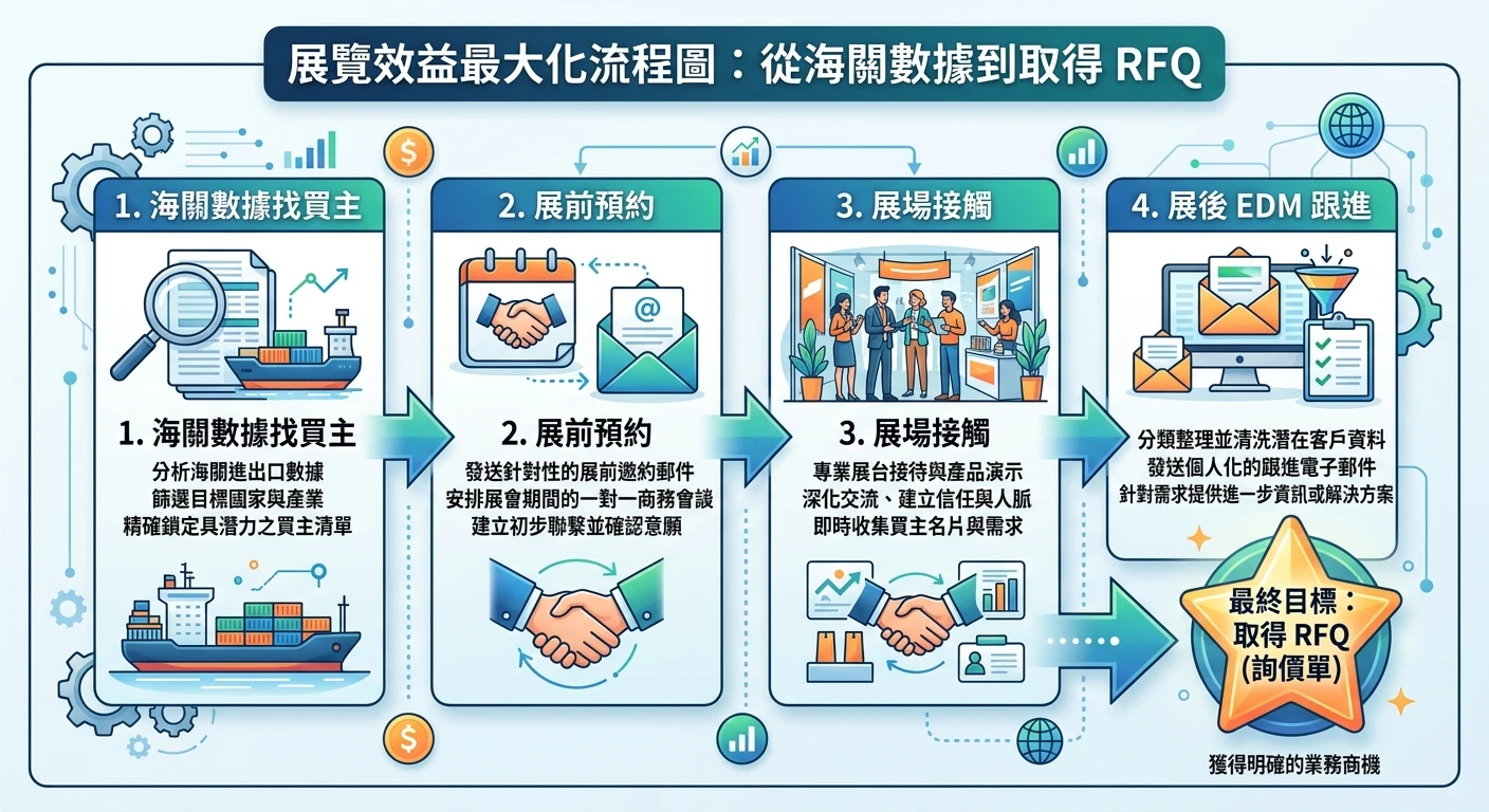 漢諾威工業展 2026 完整指南:德國工業博覽會參展準備與外銷開發策略 2 展覽效益最大化流程圖,從「海關數據找買主」到「展前預約」到「展場接觸」到「展後 EDM 跟進」,四步驟箭頭連接,最終達到「取得 RFQ」目標