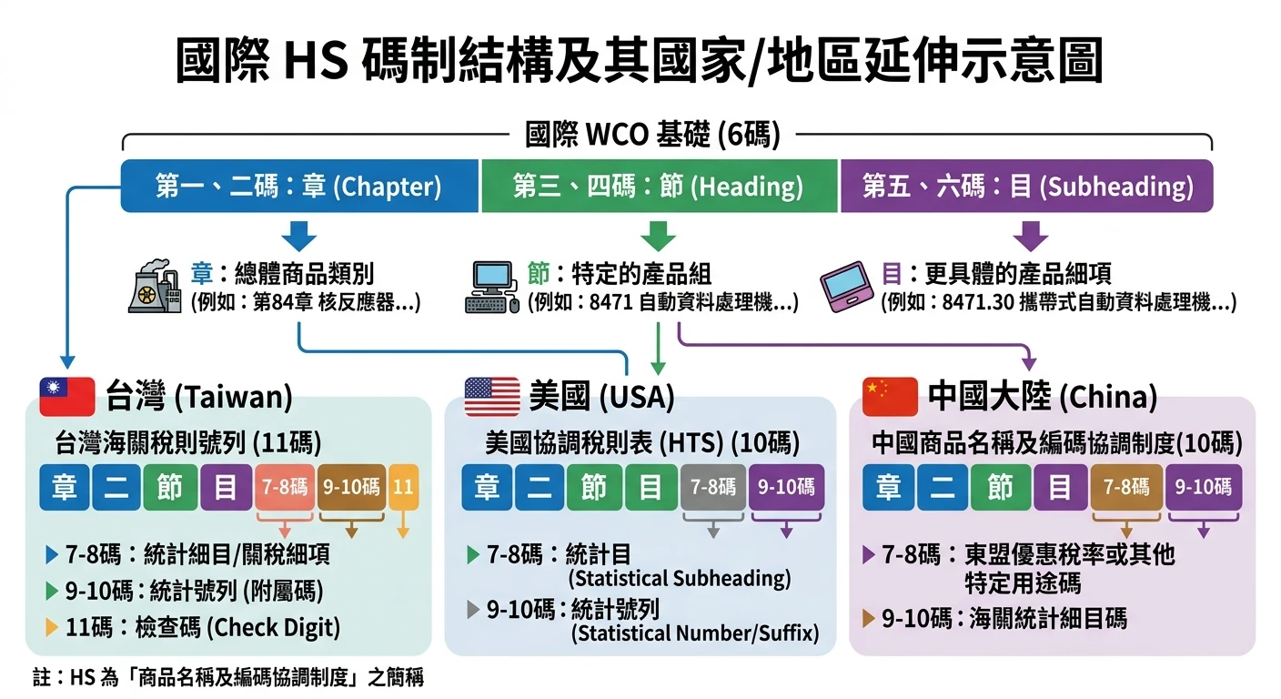 HS Code 碼制結構示意圖,顯示6碼國際WCO基礎(章/節/目),台灣延伸至11碼,美國延伸至10碼HTS,中國延伸至10碼,各段碼的分類含義用不同顏色標示