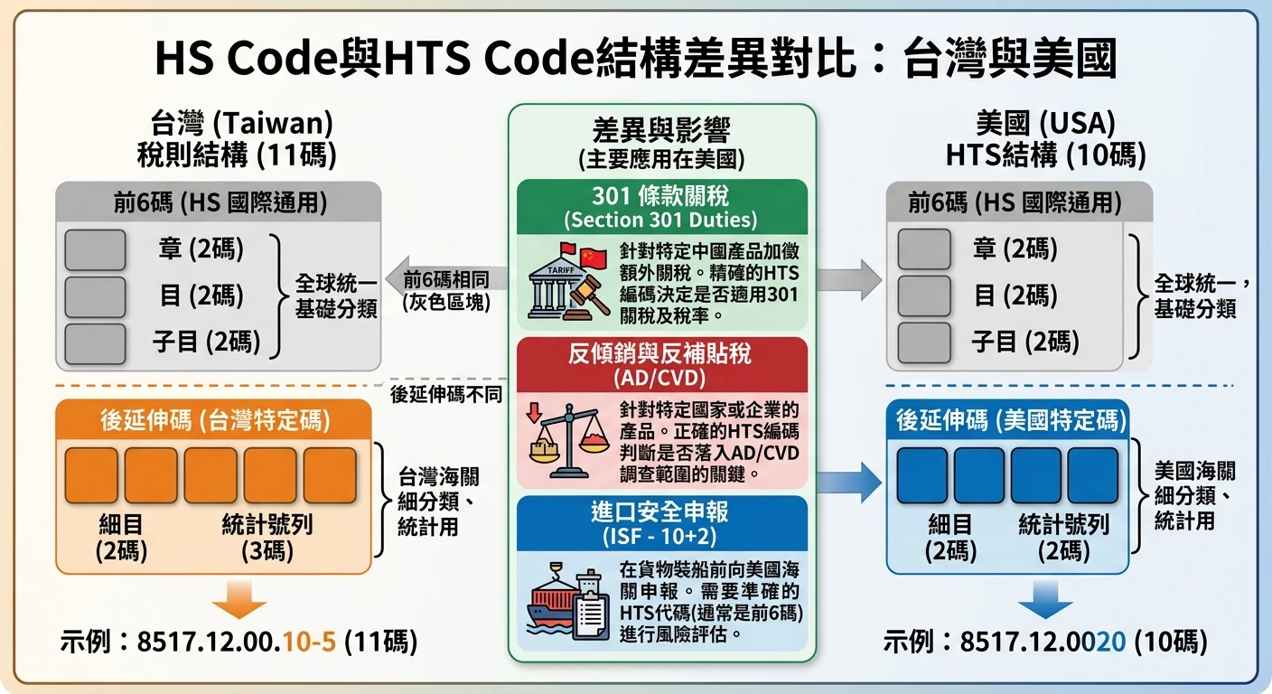 HS Code 與 HTS Code 差別完整對照 2026:台美中歐碼制、查詢系統與填錯後果 2 HS Code 與 HTS Code 差異對比圖,左側台灣11碼稅則結構、右側美國10碼HTS結構,標示前6碼相同(灰色)、後延伸碼不同(台灣橘色5碼/美國藍色4碼),中央說明差異影響:Section 301、AD/CVD、ISF申報