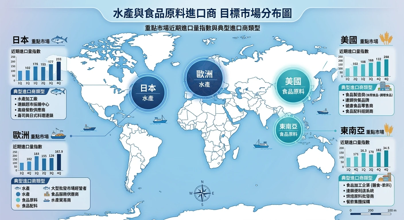 進口商查詢方法 2026:找國外買主、出口商與進出口商名單 2 水產與食品原料進口商目標市場地圖,以世界地圖呈現日本、歐洲(水產)和美國、東南亞(食品原料)為重點市場,各市場以圓形標示,並附近期進口量指數與典型進口商類型說明