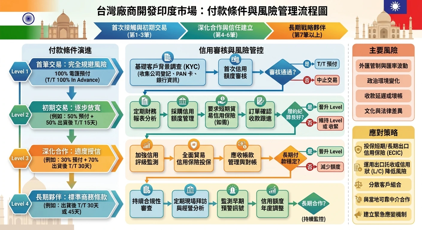 印度市場開發 2026:台灣 B2B 廠商進入印度的機會與挑戰 2 台灣廠商開發印度市場的付款條件與風險管理流程圖,從首次接觸(TT預付)到長期合作(T/T 30天),搭配信用審核步驟標示