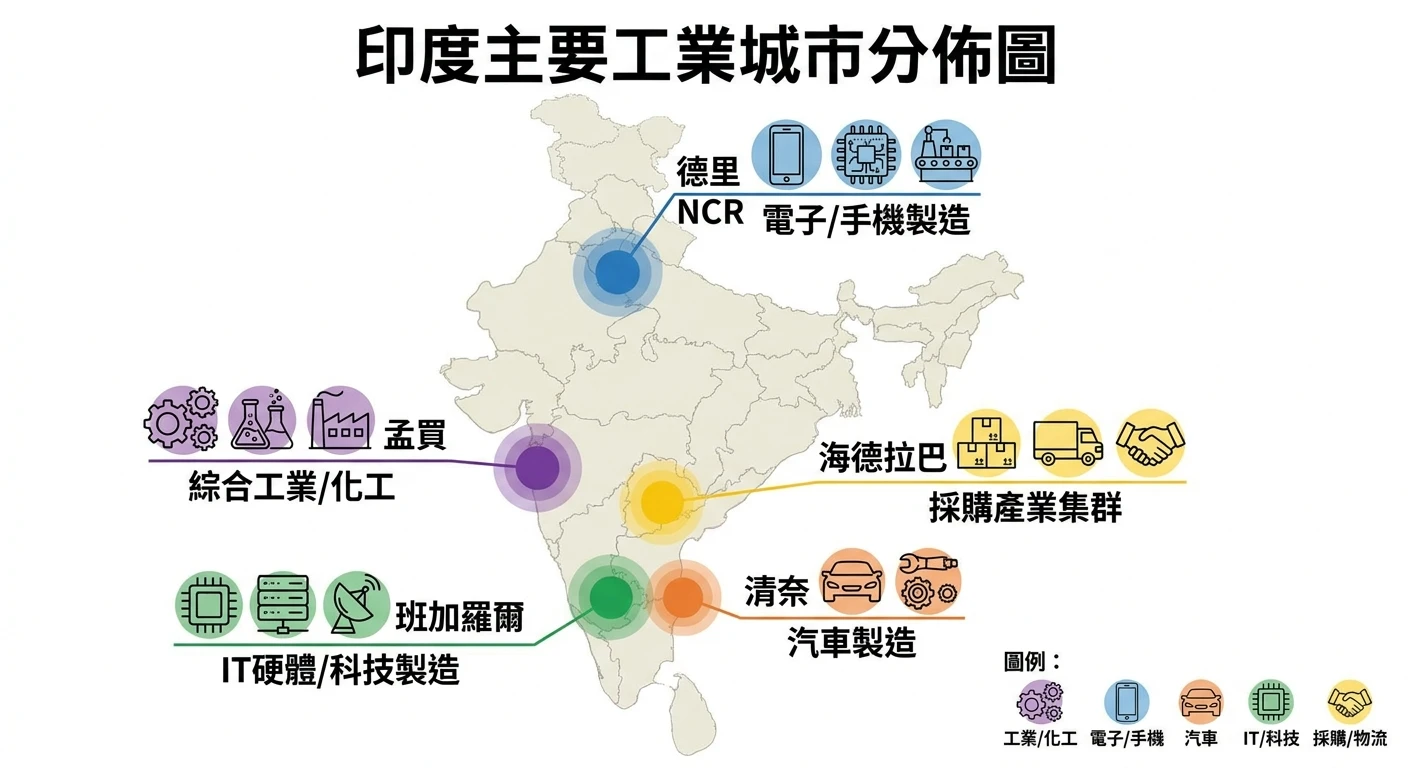 印度市場開發 2026:台灣 B2B 廠商進入印度的機會與挑戰 3 印度主要工業城市分佈圖,標示孟買(綜合工業/化工)、德里 NCR(電子/手機製造)、清奈(汽車製造)、班加羅爾(IT硬體/科技製造)、海德拉巴的採購產業集群
