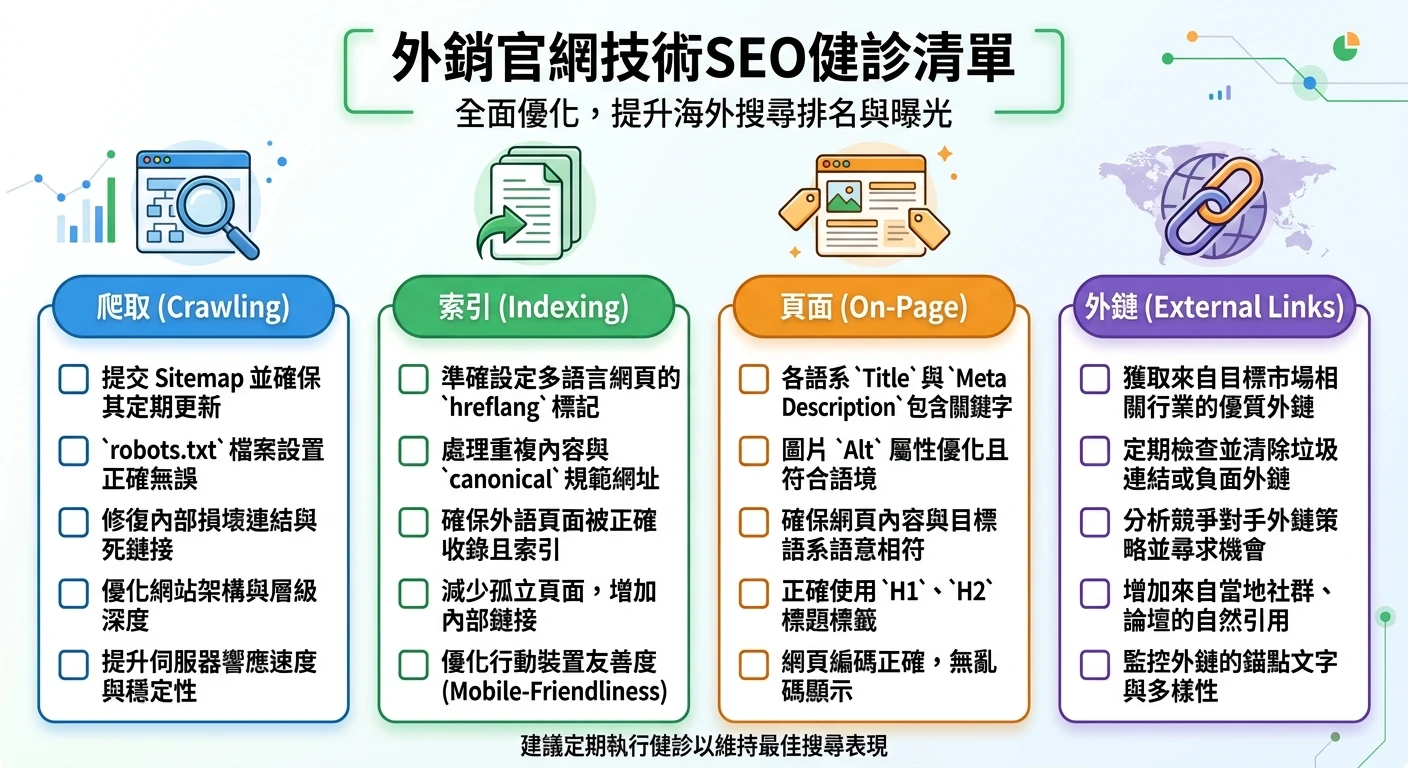 國際 SEO 與 hreflang 設定 2026:多語系外銷官網優化實戰 1 外銷官網技術SEO健診清單圖,包含爬取/索引/On-Page/外鏈四個類別,每個類別下3-5個具體檢核項目,以清單格式呈現勾選方塊
