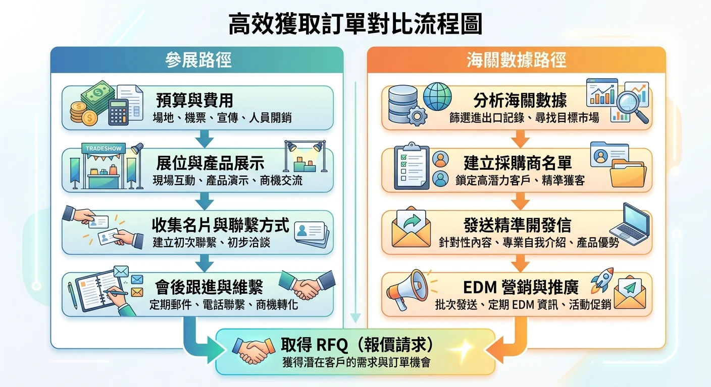 國際展覽館完整攻略 2026:外銷廠商參展前必讀指南|哪些展值得去? 2 雙欄對比流程圖,左欄「參展路徑」顯示費用 → 展位 → 名片 → 跟進;右欄「海關數據路徑」顯示海關數據 → 採購商名單 → 開發信 → EDM,兩欄底部收斂到「取得 RFQ」