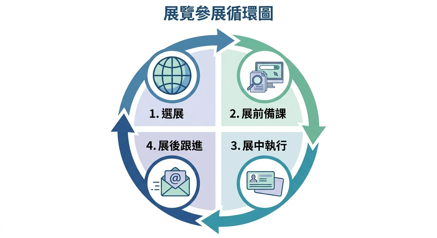 國際展覽館完整攻略 2026:外銷廠商參展前必讀指南|哪些展值得去? 3 展覽參展循環圖,四個步驟以圓形流程呈現:1.選展(地球圖示)→ 2.展前備課(資料搜尋圖示)→ 3.展中執行(名片圖示)→ 4.展後跟進(email 圖示),箭頭連接循環
