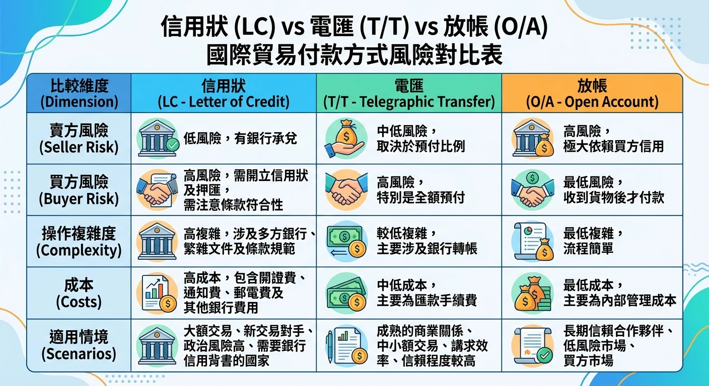 信用狀 LC 是什麼?2026 完整開狀流程、押匯步驟與常見風險|外銷付款保障 1 LC vs T/T vs O/A 付款方式風險對比表,三種付款方式在賣方風險、買方風險、操作複雜度、成本、適用情境五個維度的比較,以圖表呈現三種方式的優缺點差異
