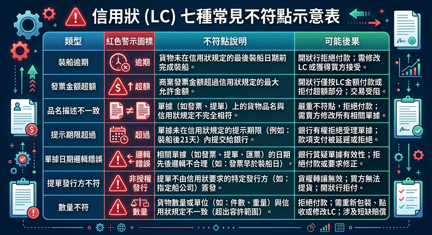 信用狀 LC 是什麼?2026 完整開狀流程、押匯步驟與常見風險|外銷付款保障 2 LC 不符點(Discrepancy)7 種常見類型示意表,每種類型以醒目的紅色警示圖標標示:裝船逾期、Invoice 金額超額、品名描述不一致、提示期限超過、單據日期邏輯錯誤、B/L 發行方不符、數量不符,各類型附說明和後果,清晰的表格式資訊圖設計