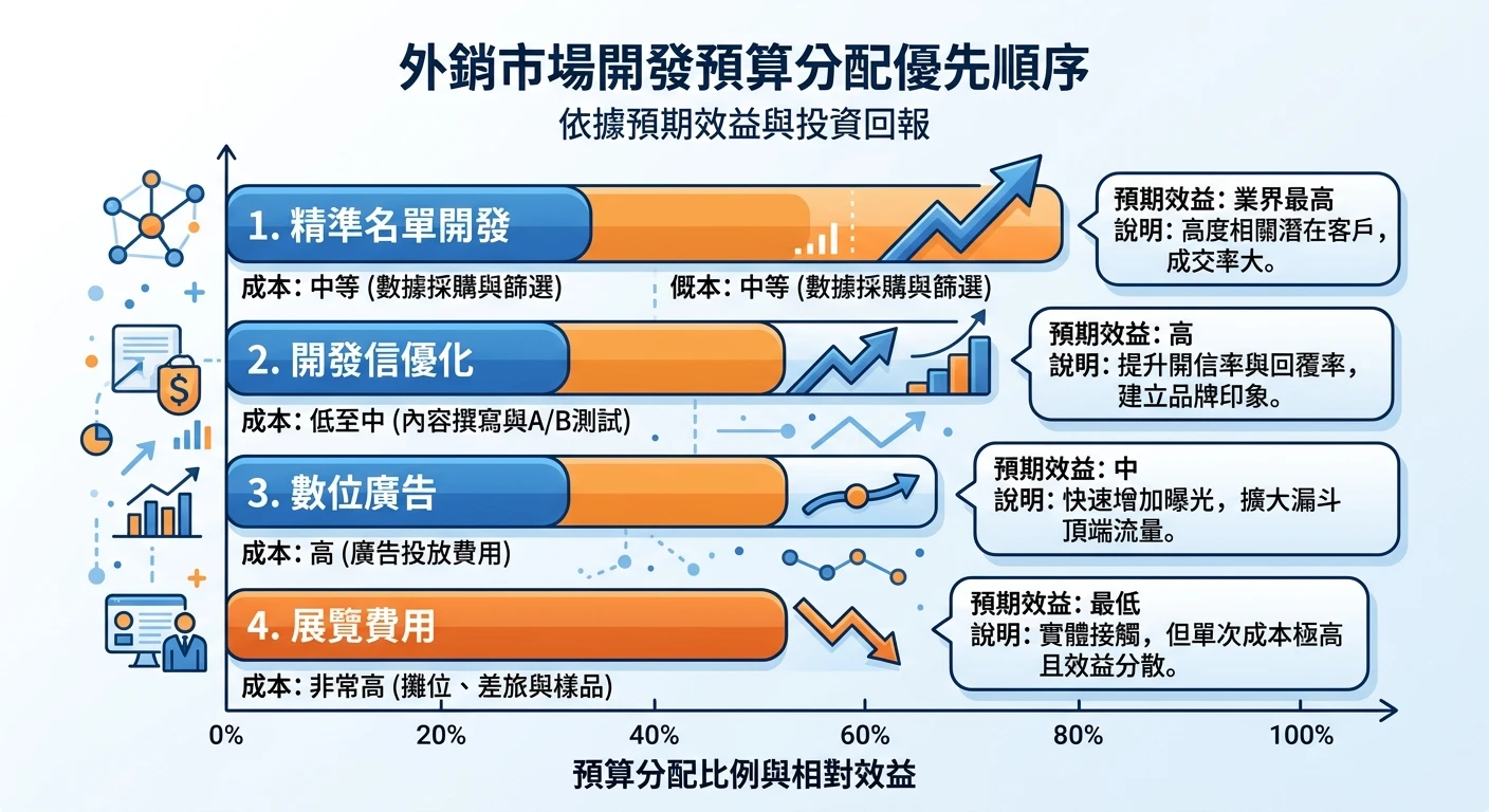 預算有限如何展開外銷開發 2026:低成本策略與英文表達實戰 1 外銷開發預算分配優先順序橫向 bar chart,從上到下四條:精準名單開發(最長,效益最高)、開發信優化(長)、數位廣告(中)、展覽費用(短,效益最低),各條標有成本與效益說明,藍橘配色