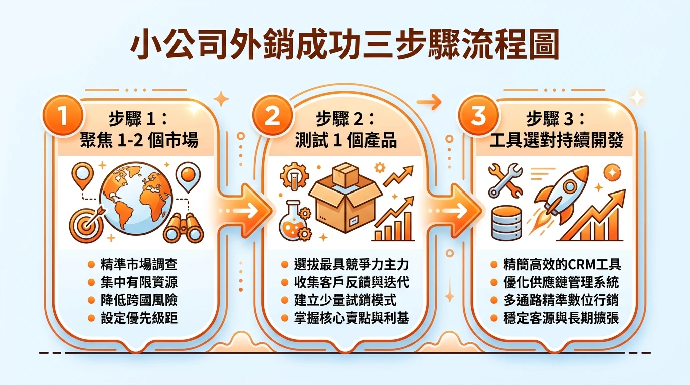 預算有限如何展開外銷開發 2026:低成本策略與英文表達實戰 2 小公司外銷成功三步驟流程圖,橫向三個圓形節點:聚焦 1-2 個市場 → 測試 1 個產品 → 工具選對持續開發,各節點有箭頭連接和說明文字,橘色主色調