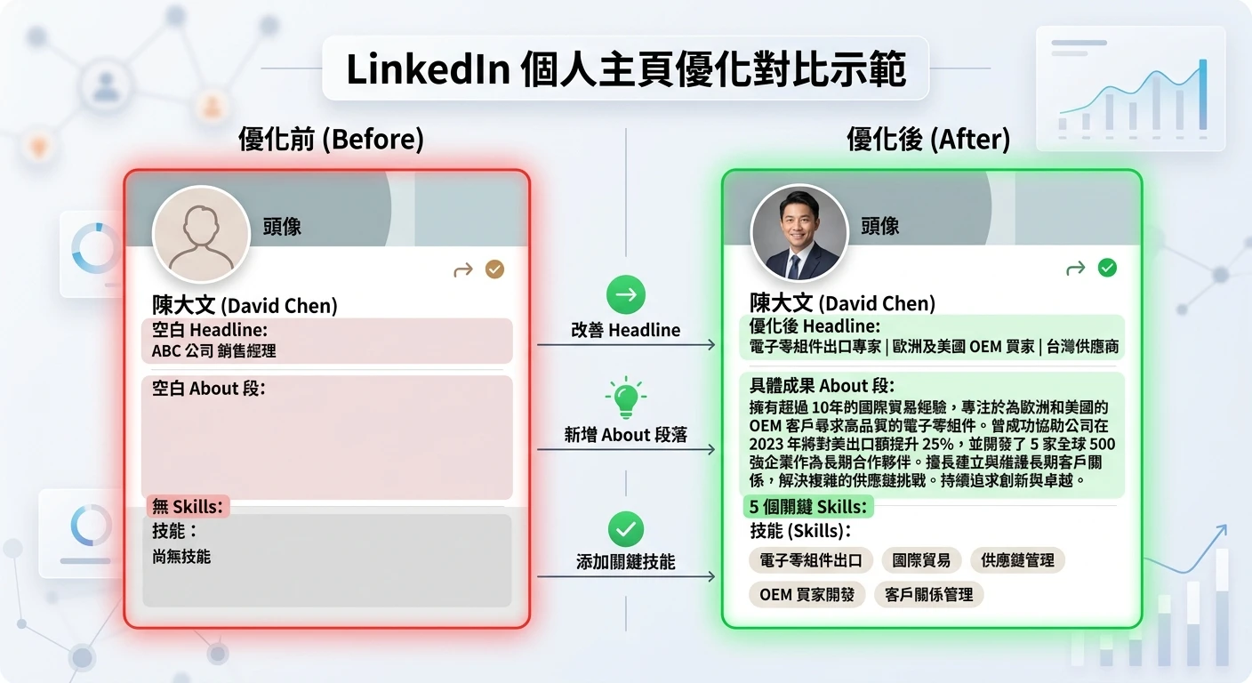 LinkedIn 開發信怎麼寫才有人回?2026 邀請文案+海關數據組合定位實戰 1 LinkedIn 個人主頁優化對比示範,左側(Before):空白 Headline「Sales Manager at ABC Company」、空白 About 段、無 Skills,右側(After):優化後 Headline「Electronic Component Export Specialist | EU & US OEM Buyers | Taiwan Supplier」、具體成果 About 段、5 個關鍵 Skills,左右兩側以紅/綠色框線區分,乾淨簡潔排版