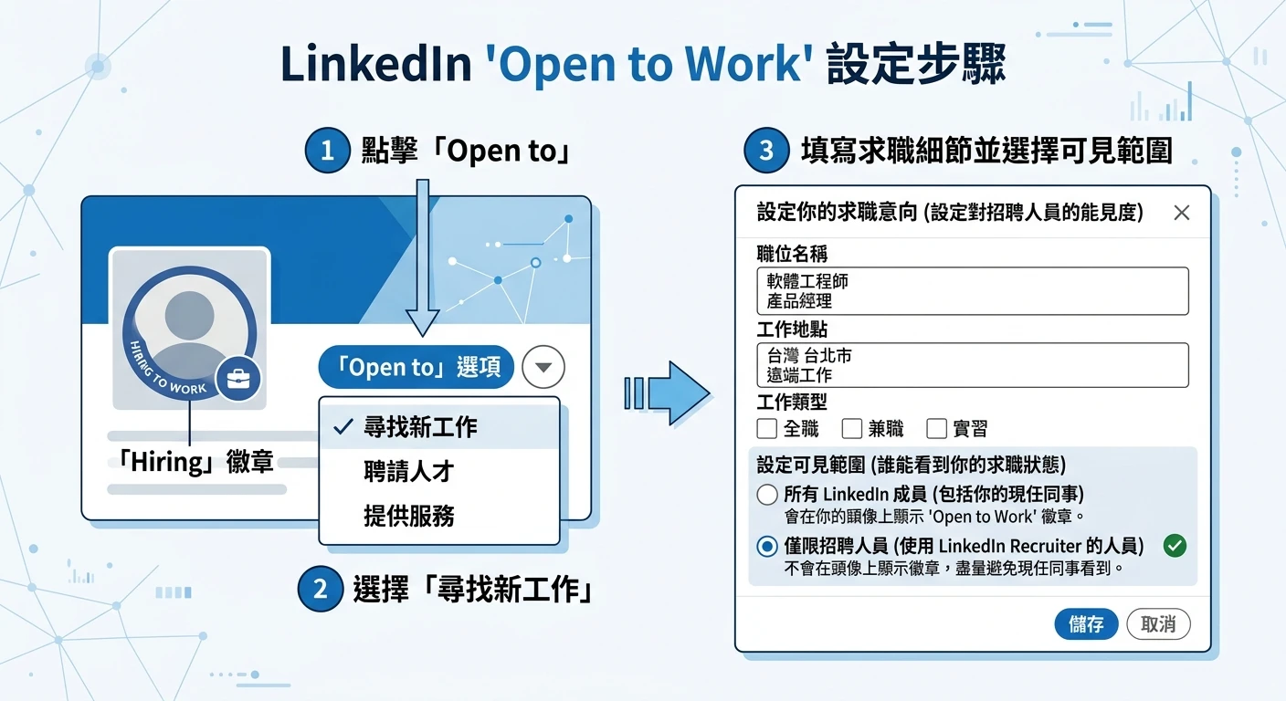 LinkedIn 找工作完整教學 2026:從建立個人檔案到成功求職 1 LinkedIn Open to Work 設定步驟示意截圖,左側顯示個人主頁頭像旁的「Open to」選單,右側顯示設定彈出窗(填寫目標職位、地點、可見範圍:All LinkedIn members 或 Recruiters only),帶有步驟標號 1-3,藍白 LinkedIn 配色