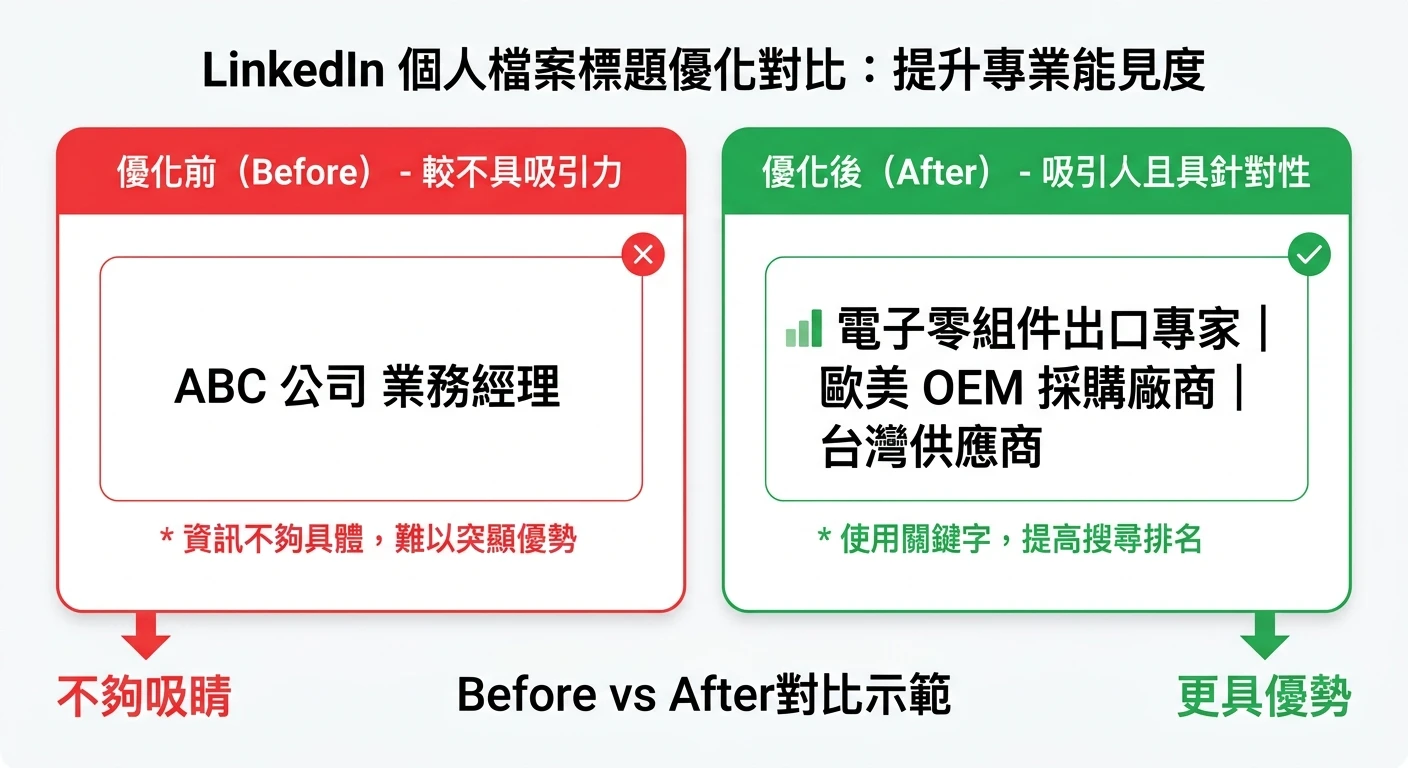 LinkedIn 找工作完整教學 2026:從建立個人檔案到成功求職 2 LinkedIn Headline 優化前後對比示範,左側(Before)顯示:「Sales Manager at ABC Company」,右側(After)顯示:「Electronic Component Export Specialist | EU & US OEM Buyers | Taiwan Supplier」,底部標注「Before vs After」,用紅/綠顏色區分,整體乾淨簡潔