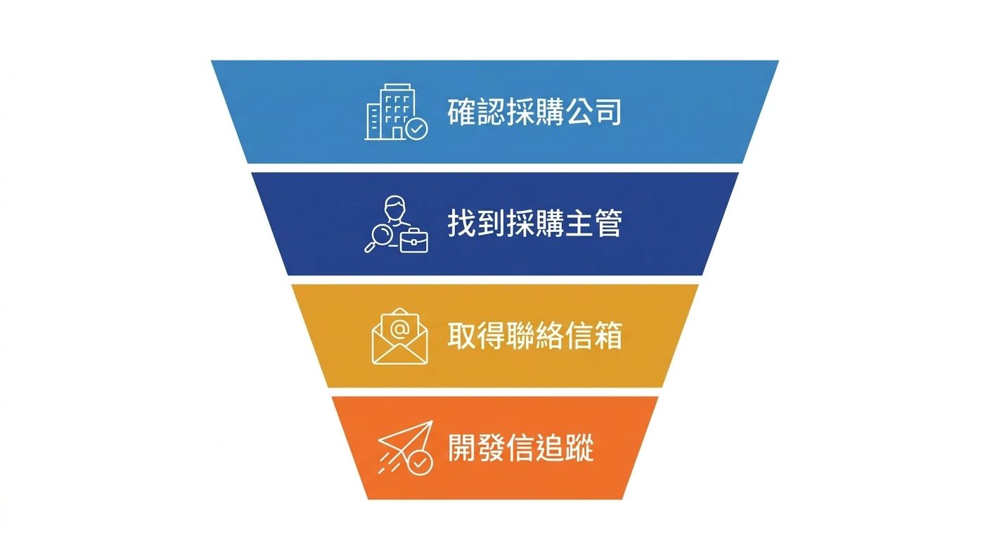 LinkedIn Sales Navigator 深度評析 2026:功能、價格與外銷開發實戰 3 外銷開發四層漏斗——確認採購公司、找到採購主管、取得聯絡信箱、開發信追蹤