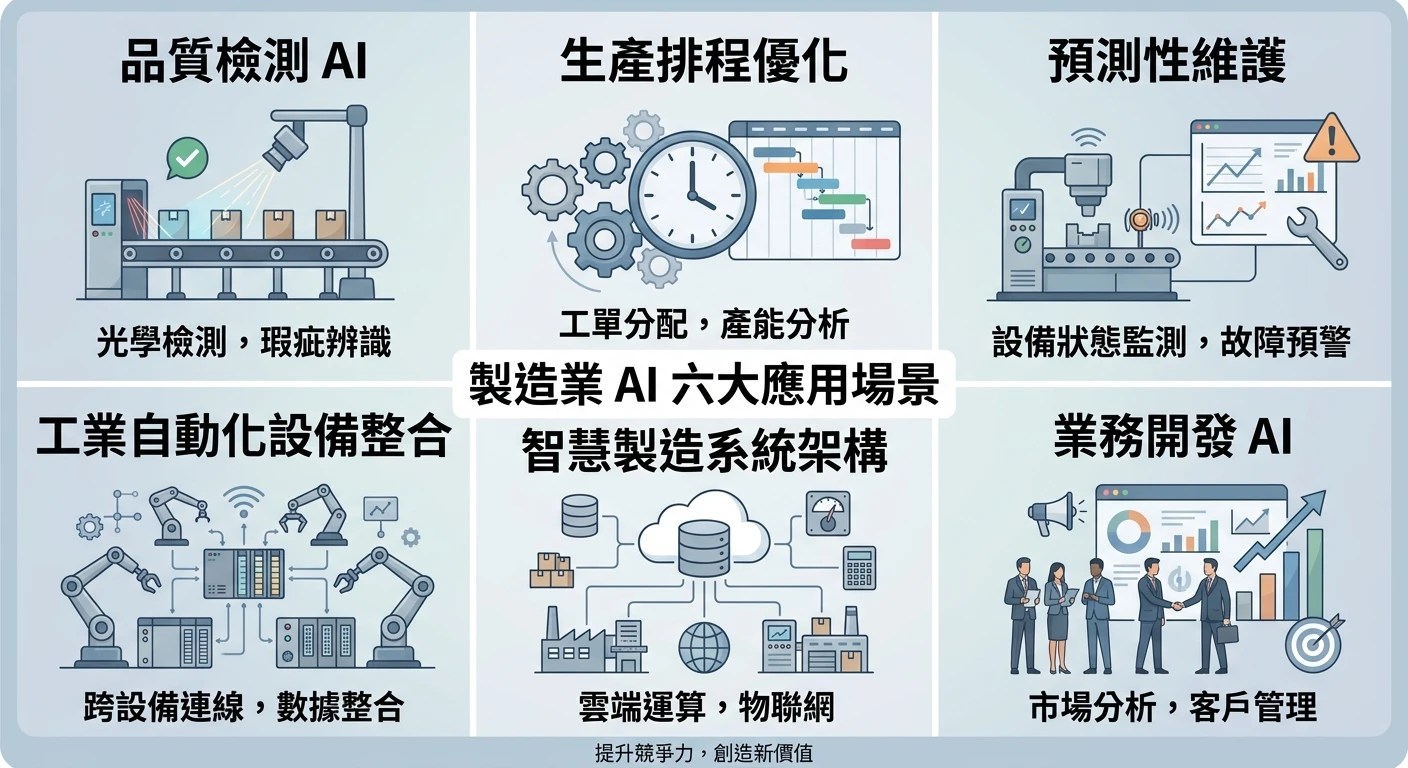 製造業 AI 應用與海外開發趨勢 2026|台灣製造業轉型實戰完整指南 1 製造業 AI 六大應用場景六宮格資訊圖,六格分別標示:品質檢測 AI、生產排程優化、預測性維護、工業自動化設備整合、智慧製造系統架構、業務開發 AI,每格配對應圖示,低飽和度商務風
