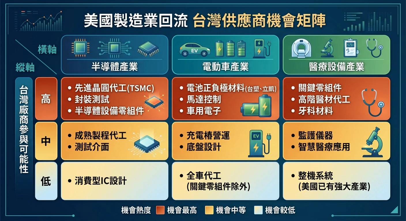 製造業 AI 應用與海外開發趨勢 2026|台灣製造業轉型實戰完整指南 2 美國製造業回流台灣供應商機會矩陣,橫軸標示三個產業(半導體、電動車、醫療設備),縱軸標示台灣廠商參與可能性(高/中/低),以顏色深淺標示機會熱度,商務色系矩陣圖