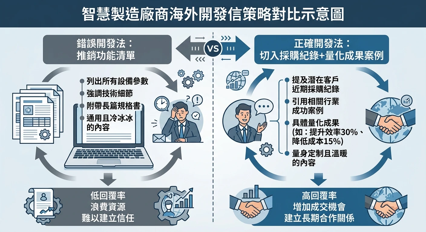 製造業 AI 應用與海外開發趨勢 2026|台灣製造業轉型實戰完整指南 3 智慧製造廠商海外開發信切入痛點示意圖,左側標示錯誤開法(推功能清單),右側標示正確開法(切入採購紀錄+量化成果案例),以箭頭對比兩種開發信策略,商務藍灰色系
