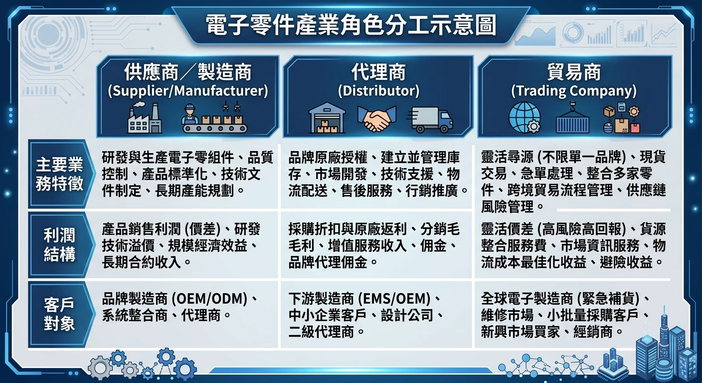 電子零件供應商與製造業外銷開發完整指南 2026|供應商 vs 代理商 vs 貿易商差異實戰 1 電子零件供應商/代理商/貿易商三種角色分工示意圖,三欄橫向對比,分別標出「製造端」「通路端」「貿易端」的主要業務特徵、利潤結構與客戶對象,主色藍灰商務風