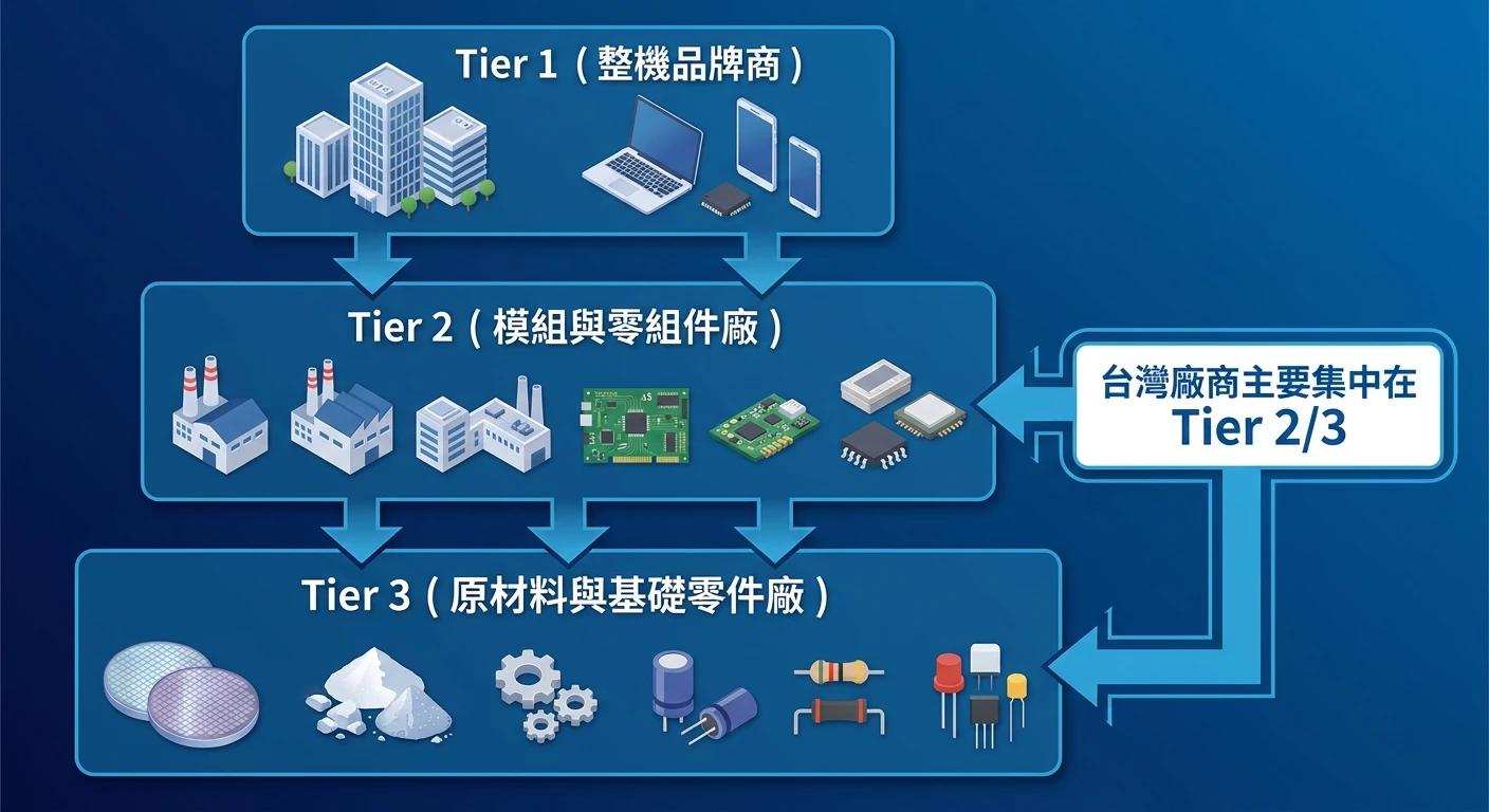 電子零件供應商與製造業外銷開發完整指南 2026|供應商 vs 代理商 vs 貿易商差異實戰 2 電子零組件供應鏈結構圖,Tier 1(整機品牌商)/ Tier 2(模組與零組件廠)/ Tier 3(原材料與基礎零件廠)三層垂直鏈路,標注台灣廠商主要集中在 Tier 2/3,商務藍色主調