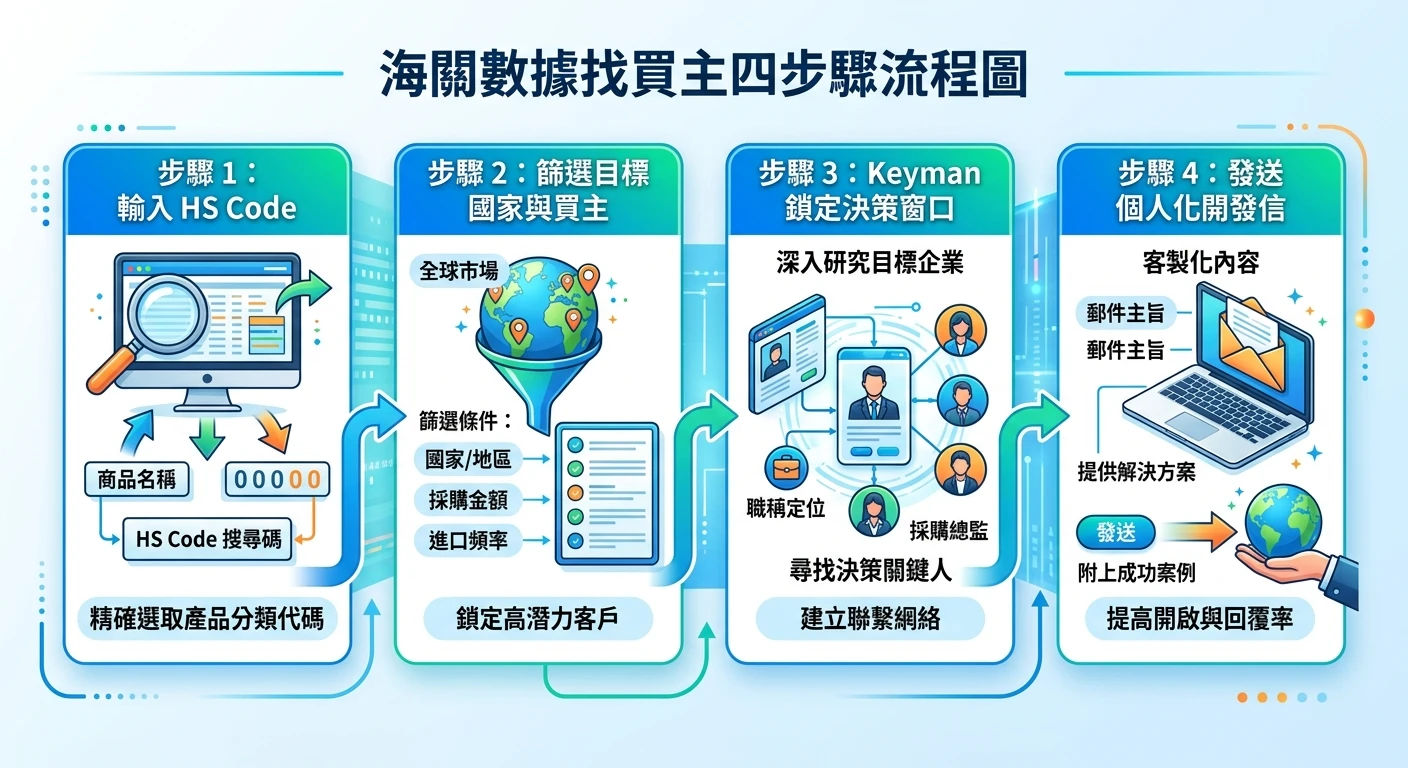電子零件供應商與製造業外銷開發完整指南 2026|供應商 vs 代理商 vs 貿易商差異實戰 3 海關數據找買主四步驟流程圖,從左到右:Step 1 輸入 HS Code → Step 2 篩選目標國家與買主 → Step 3 Keyman 鎖定決策窗口 → Step 4 發送個人化開發信,每步驟以圖示說明