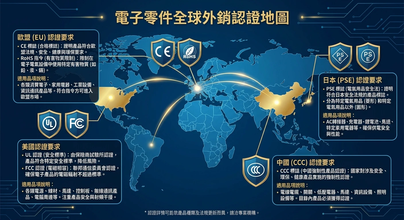 電子零件供應商與製造業外銷開發完整指南 2026|供應商 vs 代理商 vs 貿易商差異實戰 4 電子零件外銷認證地圖,以世界地圖為底,標出歐盟(CE/RoHS)、美國(UL/FCC)、日本(PSE)、中國(CCC)四個主要市場的認證標誌位置與適用品項說明,商務藍色系