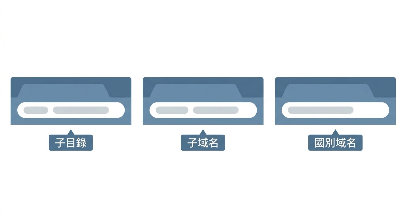 多語系網站 SEO 實戰 2026:hreflang 設定、URL 架構選擇與外銷官網多國語系優化 1 多語系網站三種 URL 架構——子目錄、子域名、國別域名