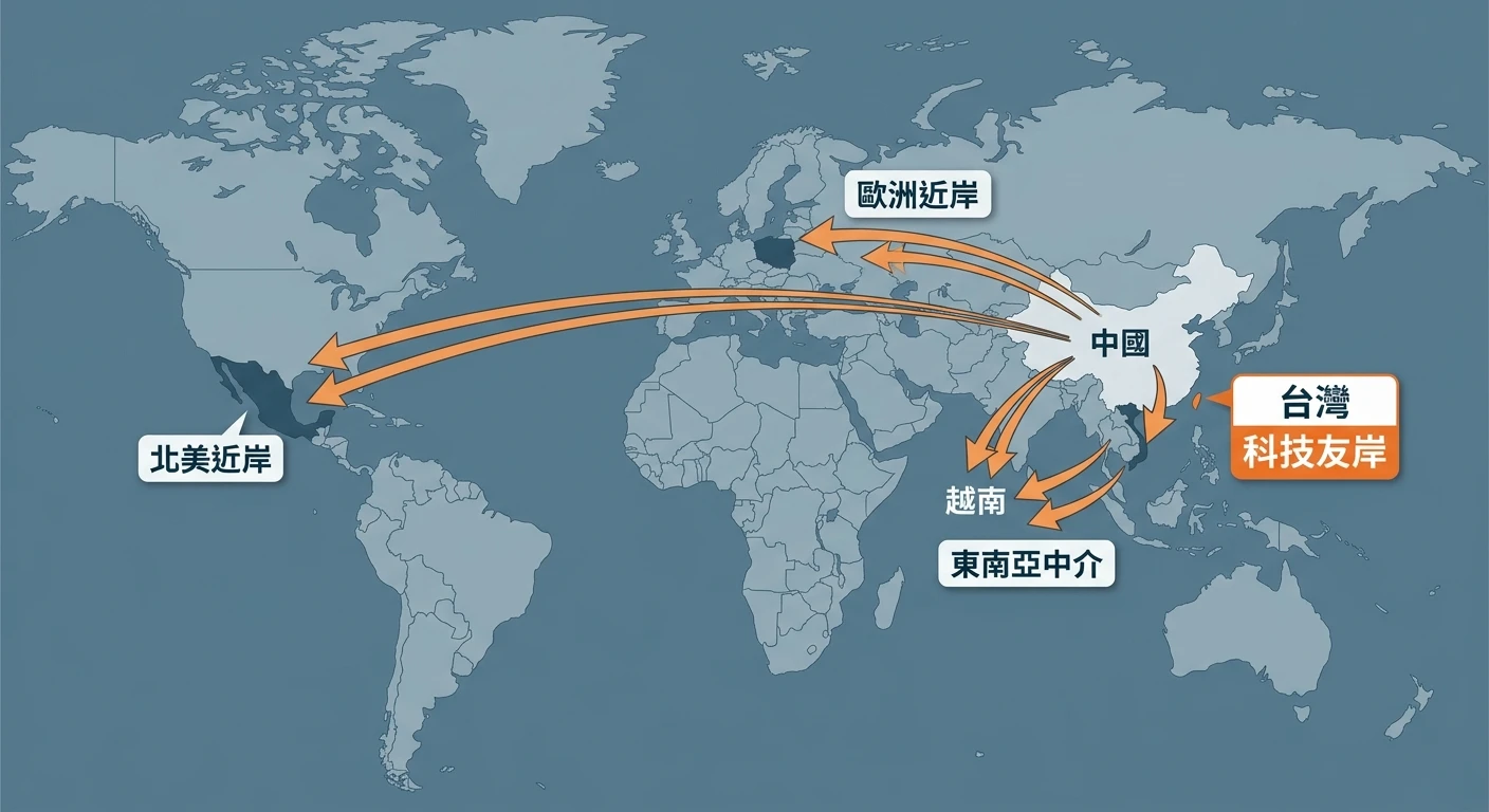 近岸外包與友岸外包完整指南 2026:台灣製造業供應鏈重組藍海商機 1 全球供應鏈重組示意圖,箭頭標示製造中心從中國向外分散:一組箭頭指向墨西哥(標籤:北美近岸),一組指向波蘭(標籤:歐洲近岸),一組指向越南(標籤:東南亞中介),台灣標注為「科技友岸」並以醒目色塊突出,背景為世界地圖輪廓,配色使用藍灰與橙色,整張圖完全不得出現任何其他文字或標題——除上述標籤外