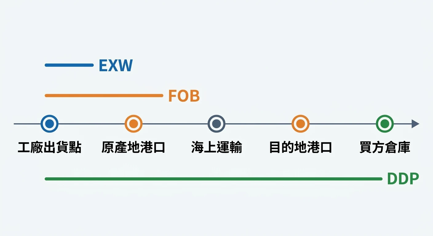 近岸外包與友岸外包完整指南 2026:台灣製造業供應鏈重組藍海商機 3 Incoterms FOB/DDP/EXW 三種貿易條件責任分界水平時間軸圖解,從左至右依序為:工廠出貨點、原產地港口、海上運輸、目的地港口、買方倉庫,五個節點用圓形標記連接;三條不同顏色的水平線分別標示 EXW(藍色,僅覆蓋工廠出貨點)、FOB(橙色,覆蓋至原產地港口)、DDP(綠色,覆蓋全段至買方倉庫),每條線旁標示貿易條件縮寫,整張圖除上述五個節點名稱與三個貿易條件縮寫外不得出現任何其他文字