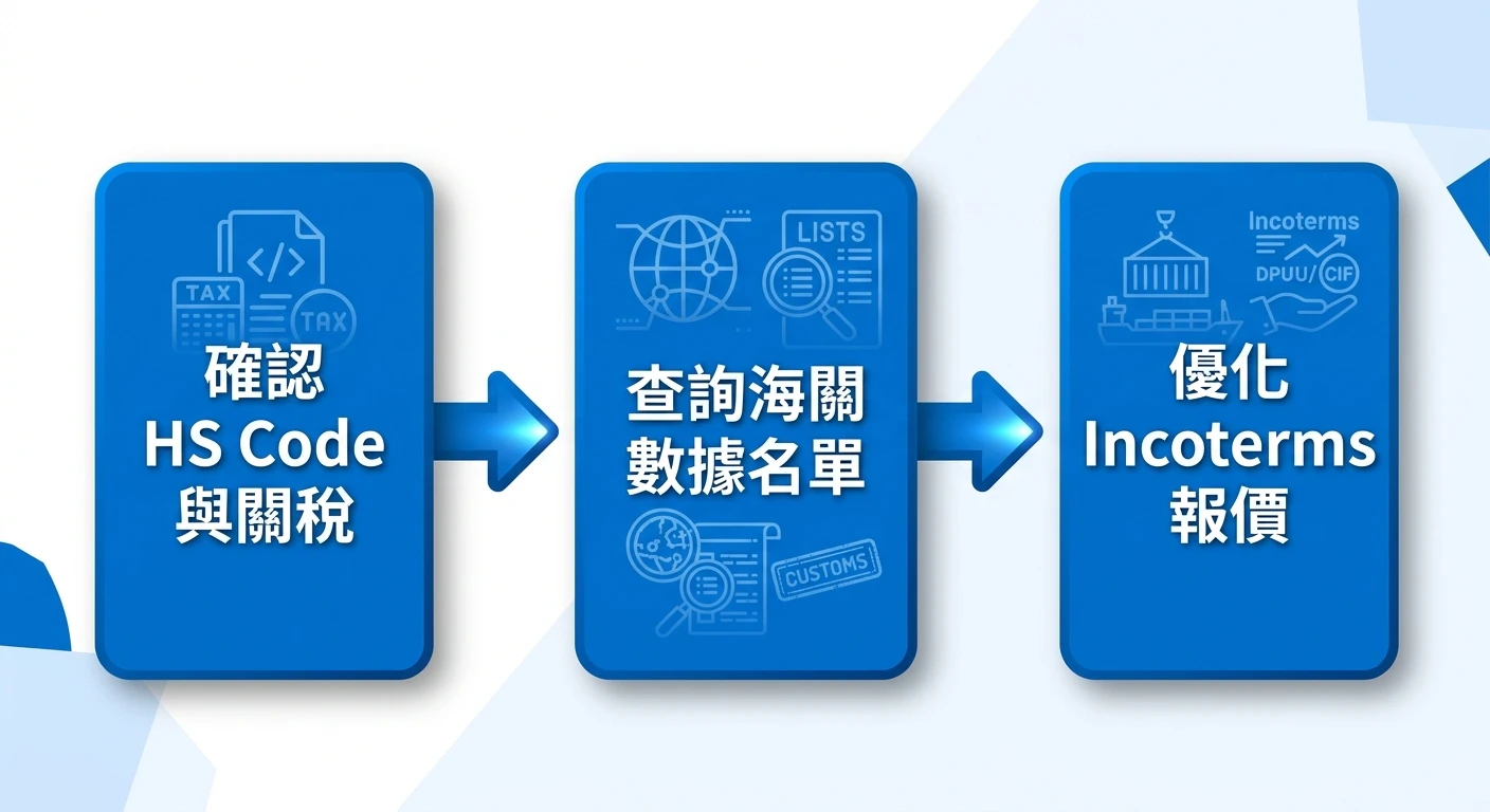近岸外包與友岸外包完整指南 2026:台灣製造業供應鏈重組藍海商機 4 供應鏈重組行動建議三步驟流程圖,水平排列三個步驟方塊:步驟一方塊顯示文字「確認 HS Code 與關稅」、步驟二方塊顯示文字「查詢海關數據名單」、步驟三方塊顯示文字「優化 Incoterms 報價」,三個方塊以箭頭連接,整張圖除上述三個步驟文字外不得出現任何標題或其他文字,配色使用藍色系主色搭配白色文字
