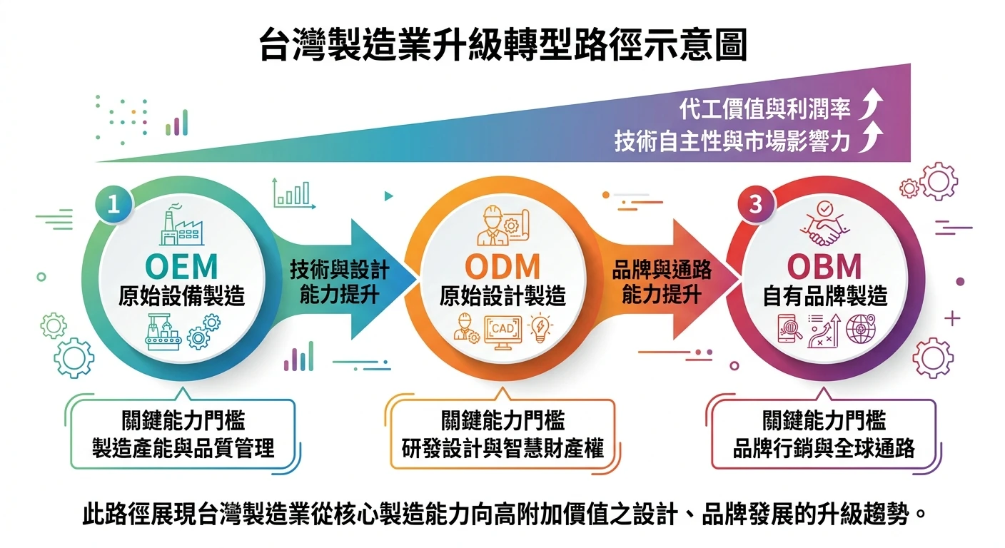OEM ODM 差別完整比較 2026|OBM 差異、JDM 定義、選廠重點一次搞懂 2 台灣製造業升級路徑示意圖,從左到右 OEM → ODM → OBM 三個節點,每個節點下方標出關鍵能力門檻(OEM: 製造產能/品質; ODM: 研發設計/IP; OBM: 品牌/通路),箭頭連接表示升級方向,商務進程圖風格