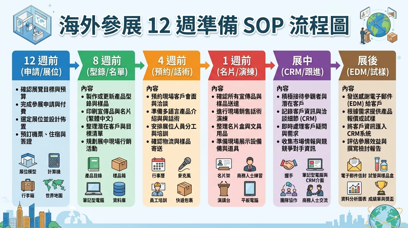 海外參展準備清單 2026:補助申請、費用估算與實戰 SOP 1 海外參展 12 週準備 SOP 流程圖,依週次分段:12 週前(申請/展位)→ 8 週前(型錄/名單)→ 4 週前(預約/話術)→ 1 週前(名片/演練)→ 展中(CRM/跟進)→ 展後(EDM/試樣)