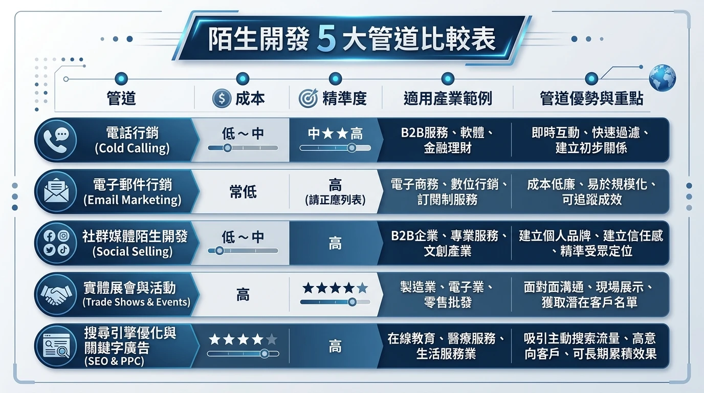 外銷陌生開發 SOP 2026:海關數據 5 步驟,從名單到第一張詢單 1 陌生開發 5 大管道比較表,以橫向資訊圖呈現成本、精準度、適用產業五個欄位,配色為深藍與灰白商務風格