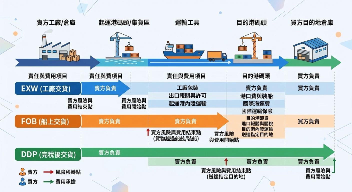 海外目標市場開發完整策略 2026:出口多元化與新興市場佈局指南 2 Incoterms FOB/DDP/EXW 責任劃分流程示意圖,以橫向箭頭顯示從工廠出發到目的地倉庫,標示各條件下買方/賣方分別負責哪段費用與風險