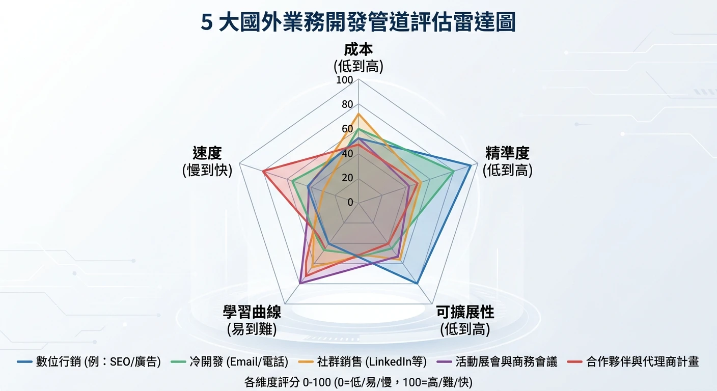 國外業務開發怎麼選管道?2026 三維決策框架+螺絲/機械/化工實戰路徑 1 5 大國外業務開發管道雷達圖,以成本、精準度、可擴展性、學習曲線、速度五個維度評分,商務配色