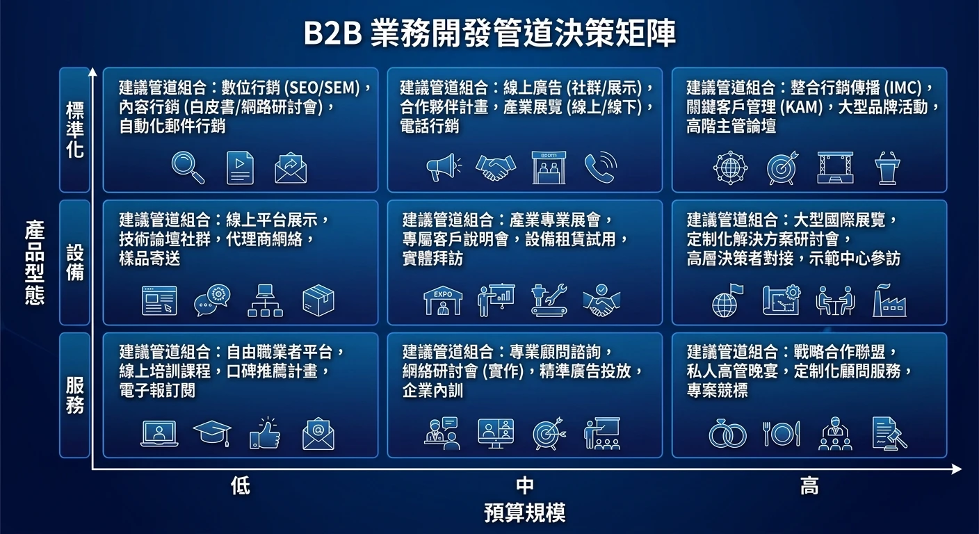國外業務開發怎麼選管道?2026 三維決策框架+螺絲/機械/化工實戰路徑 3 B2B 業務開發管道決策矩陣,以產品型態(標準化/設備/服務)和預算規模(低/中/高)為雙軸,各象限標示建議管道組合,深藍配色商務風格