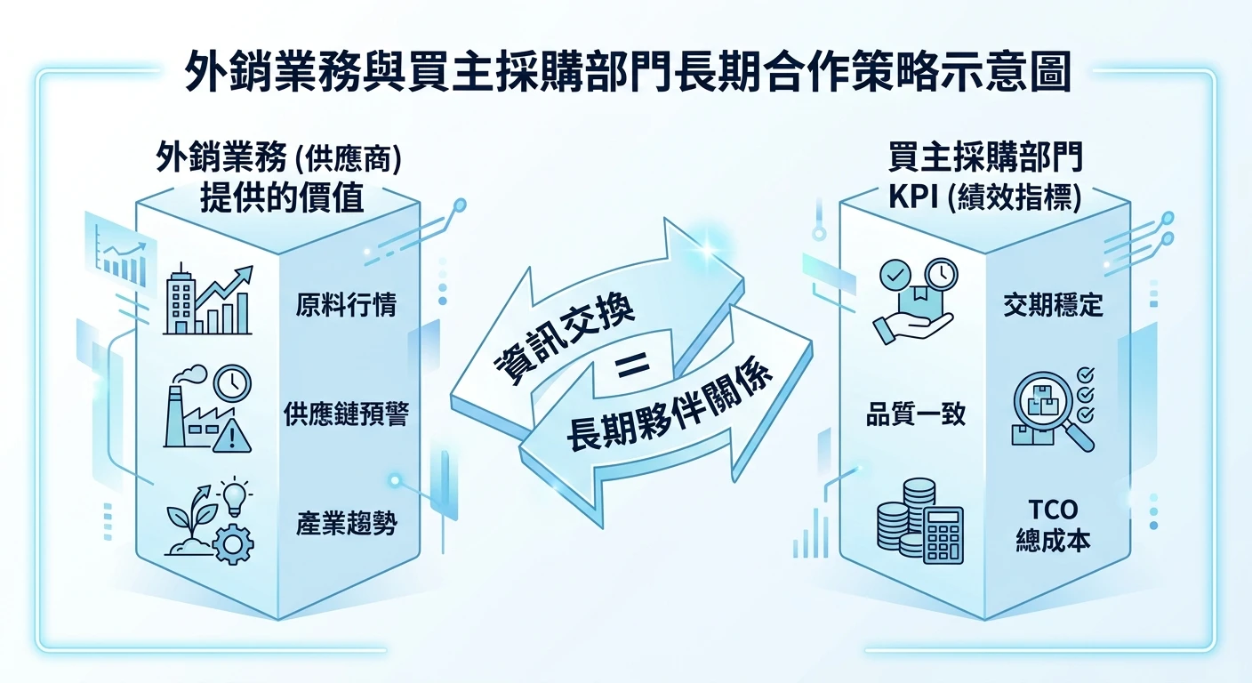 採購人員聯絡資料查詢指南 2026:找決策窗口信箱的合規方法 3 外銷業務與買主採購部門長期合作策略示意圖,左側列出外銷業務提供的價值(原料行情、供應鏈預警、產業趨勢),右側列出買主採購 KPI(交期穩定、品質一致、TCO 總成本),中間箭頭雙向連接,標示「資訊交換 = 長期夥伴關係」,商業配色淺藍白