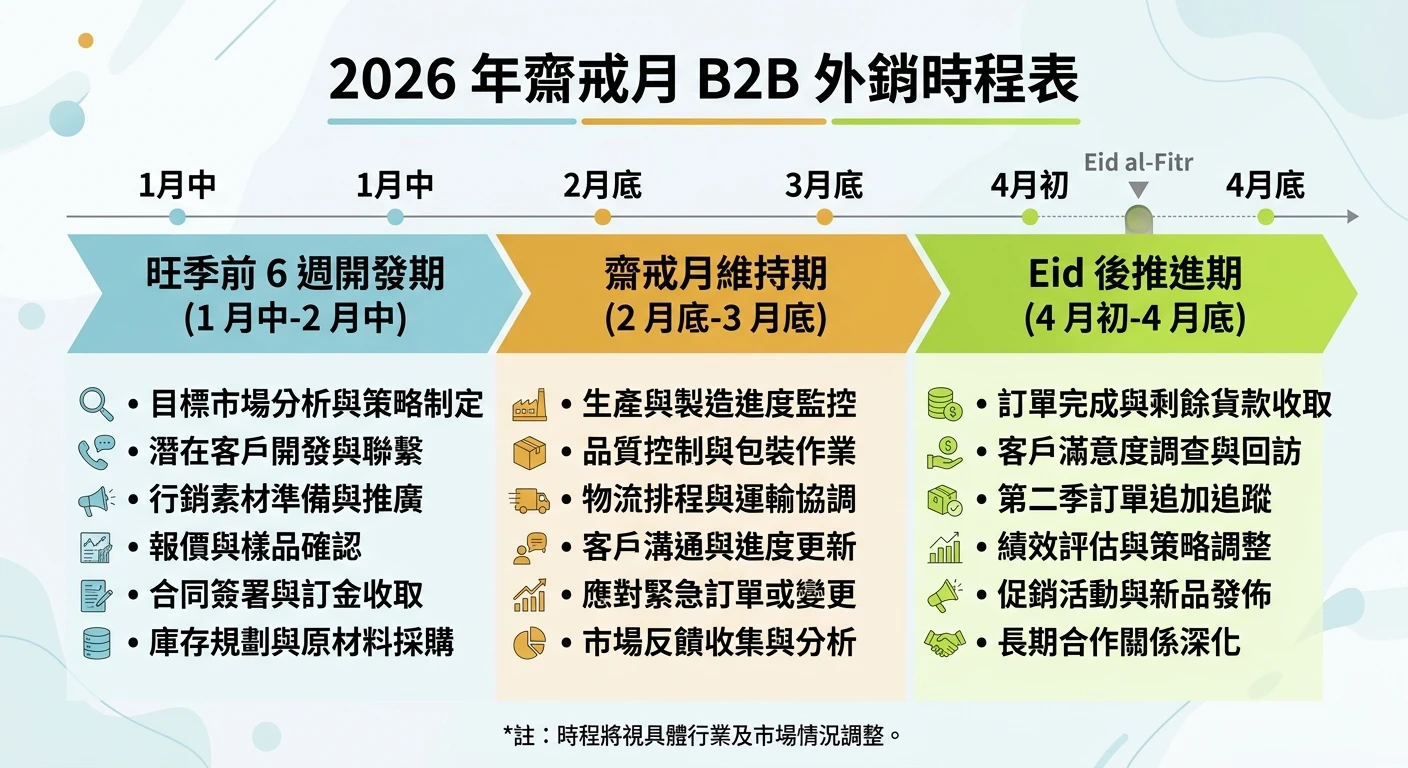 齋戒月 B2B 外銷指南 2026:中東採購旺季時程、禁忌與開發策略 1 2026 年齋戒月 B2B 外銷時程表,橫向時間軸顯示「旺季前 6 週開發期(1月中-2月中)」→「齋戒月維持期(2月底-3月底)」→「Eid 後推進期(4月初-4月底)」,三段以不同顏色標示,各段列出關鍵行動,中文標示