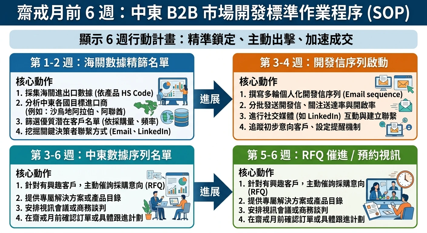 齋戒月 B2B 外銷指南 2026:中東採購旺季時程、禁忌與開發策略 2 齋戒月前 6 週 B2B 中東市場開發 SOP,顯示 6 週行動計畫:第 1-2 週(海關數據篩名單)、第 3-4 週(開發信序列啟動)、第 5-6 週(RFQ 催進 / 預約視訊)。箭頭顯示流程進展,附各週核心動作