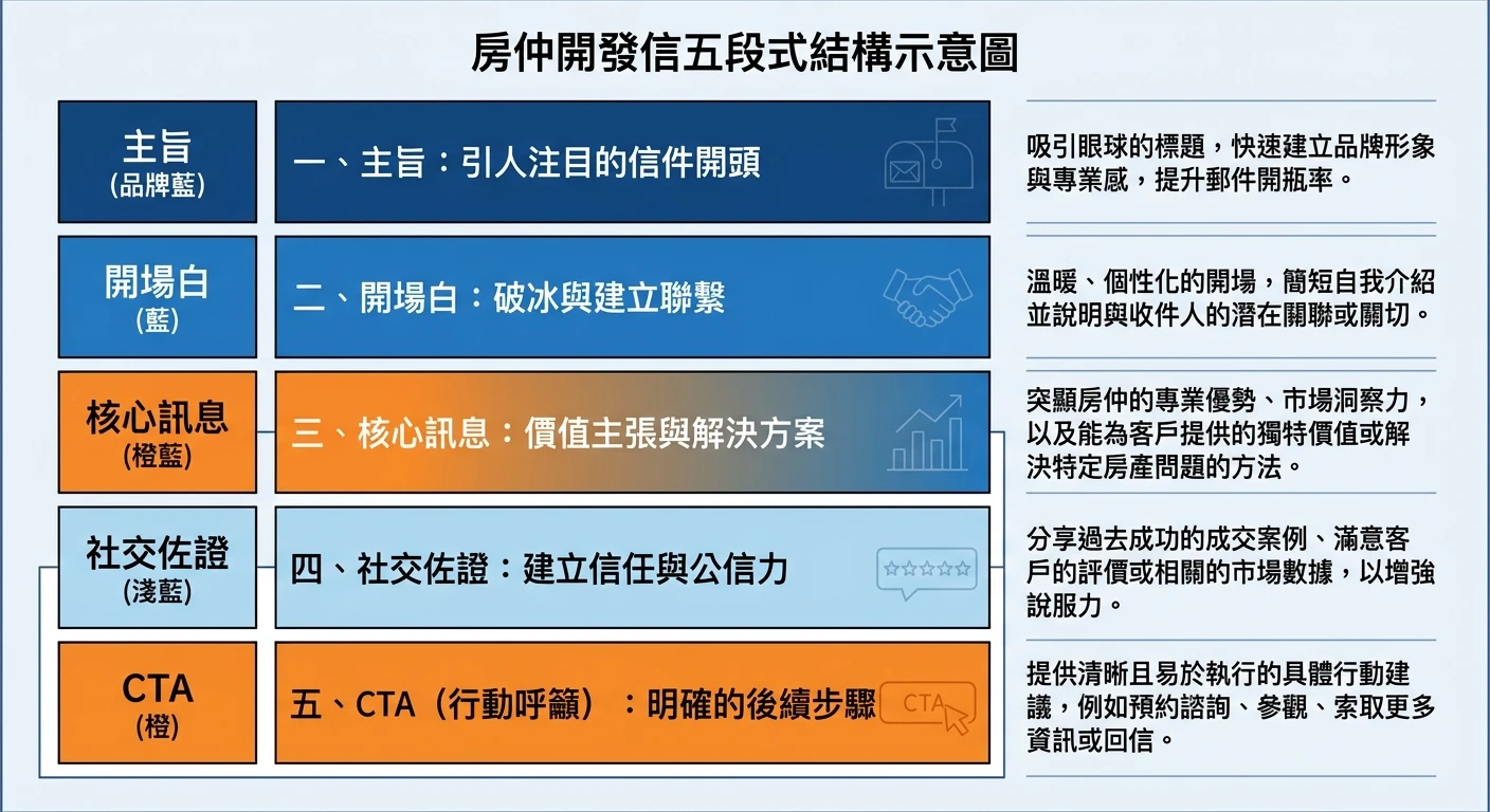 房仲開發信範例 2026:不動產業務 10 套信件範本與撰寫技巧 1 房仲開發信五段式結構示意圖,由上至下呈現五個色塊:主旨(品牌藍)、開場白(藍)、核心訊息(橙藍)、社交佐證(淺藍)、CTA(橙),各區塊旁附有不動產情境的簡短說明文字,整體呈線框圖風格