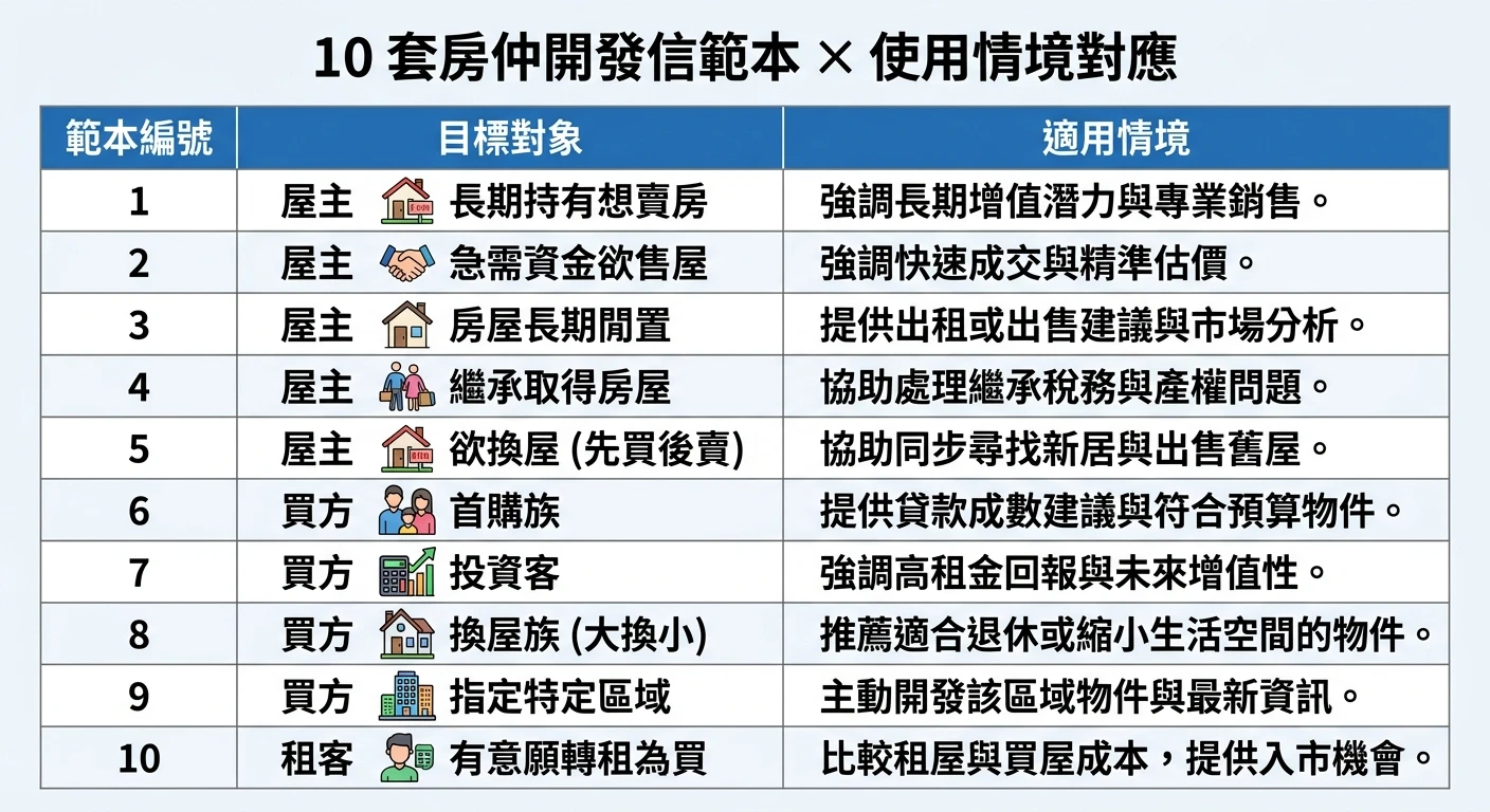 房仲開發信範例 2026:不動產業務 10 套信件範本與撰寫技巧 2 簡明對照表,標題「10 套房仲開發信範本 × 使用情境對應」,表格有三欄:範本編號、目標對象、適用情境,10 列資料清楚列出每套範本的對應場景,表格簡潔清晰,白底藍色表頭
