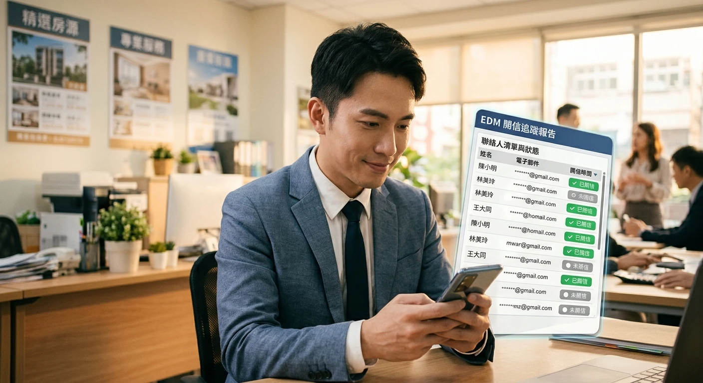 房仲開發信範例 2026:不動產業務 10 套信件範本與撰寫技巧 3 結論配圖,呈現房仲業務在手機上查看 EDM 開信追蹤報告,螢幕顯示聯絡人清單和開信狀態標示(已開信、未開信),背景為不動產辦公室,溫暖專業的光線